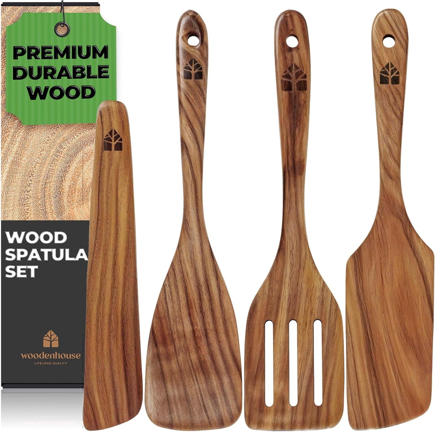 Wooden Spatula for Cooking, Kitchen Spatula Set of 4, Natural Teak Kitchen Utensils Including Paddle, Turner, Slotted Spurtle and Wood Scraper - Nonstick cookware