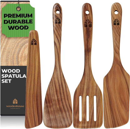 Wooden Spatula for Cooking, Kitchen Spatula Set of 4, Natural Teak Kitchen Utensils Including Paddle, Turner, Slotted Spurtle and Wood Scraper - Nonstick cookware