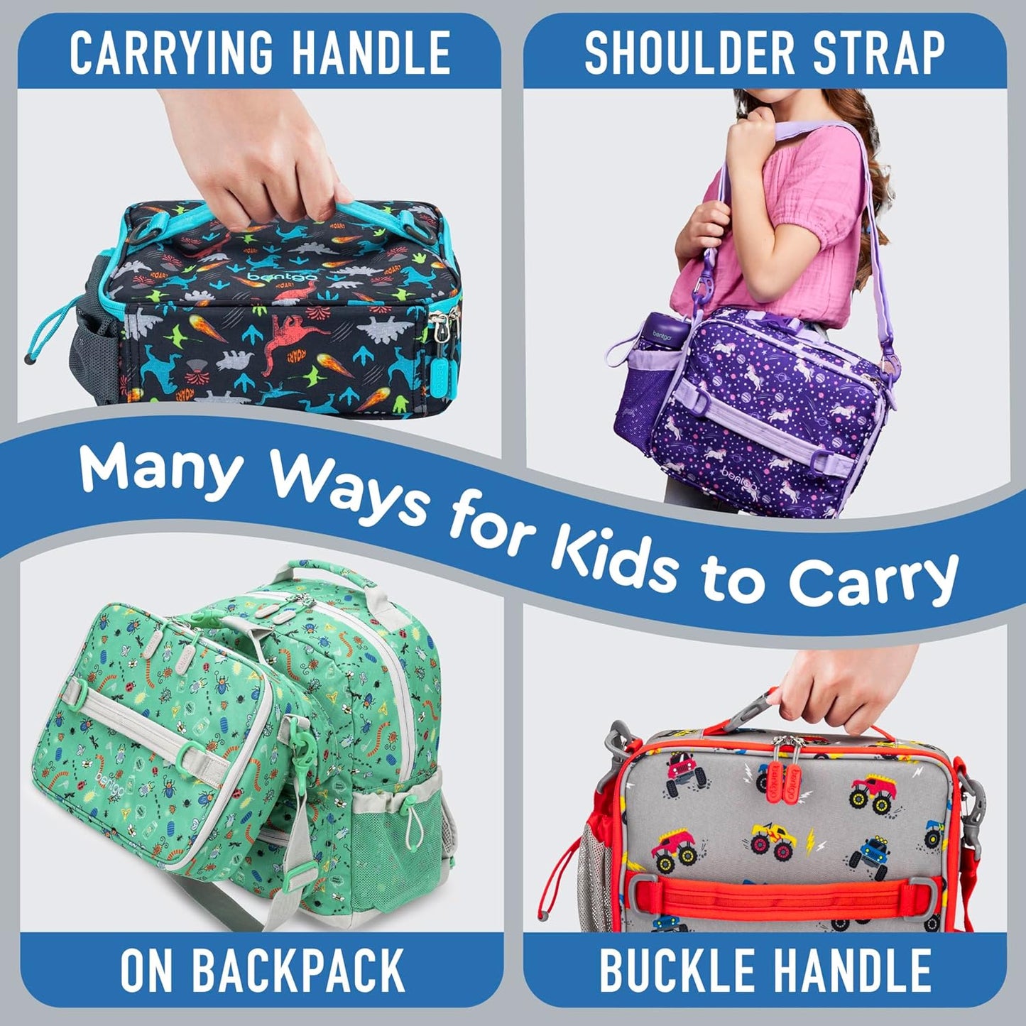 Bentgo® Kids Lunch Bag - Durable, Double Insulated, Water-Resistant Fabric, Interior & Exterior Zippered Pockets, Water Bottle Holder - Ideal for Children 3+ (Shark)