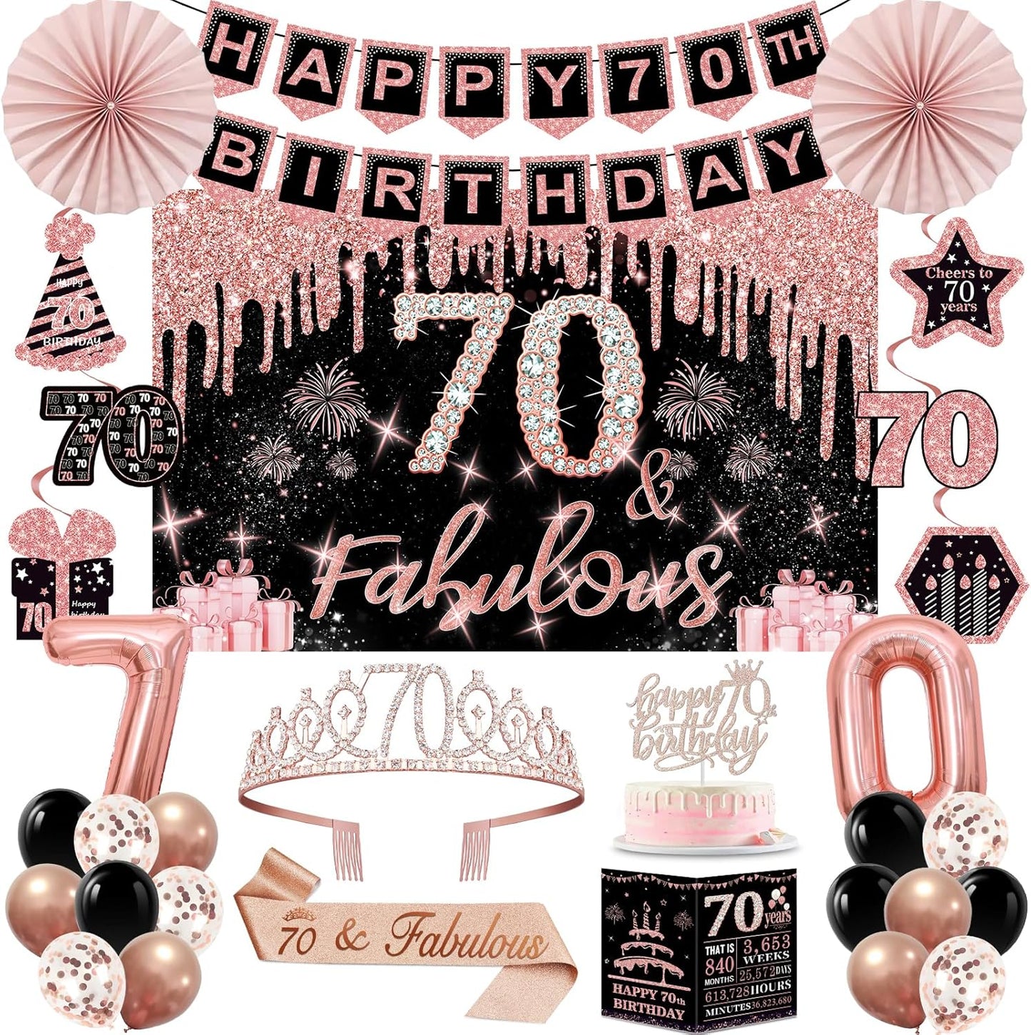 40th Birthday Decorations for Women,32pcs 40th Birthday Party Decorations,Including Backdrop, Crown,Sash,banner, Hanging Swirl,Cake Topper,balloons,Paper Fans,Anniversary Card and paper fans