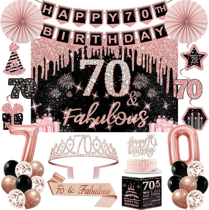 40th Birthday Decorations for Women,32pcs 40th Birthday Party Decorations,Including Backdrop, Crown,Sash,banner, Hanging Swirl,Cake Topper,balloons,Paper Fans,Anniversary Card and paper fans