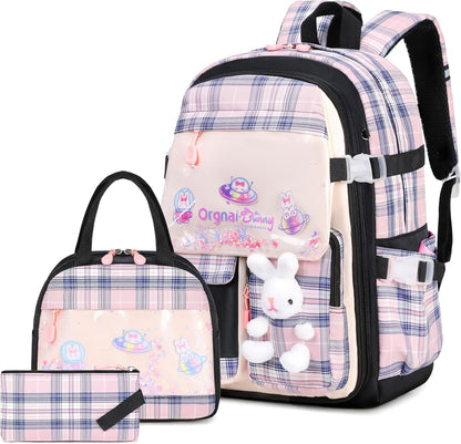 FIXITOK Girls Backpack Set, 3PCS Kids Backpack for Girls, Kawaii Bunny School Backpacks for Girl Kindergarten Elementary Preschool Middle School Bags with Lunch Box Pencil Case Aquamarine