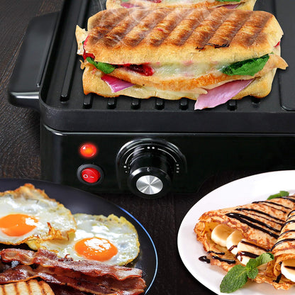 NutriChef Electric Griddle - Dual Hot Plate Cooktop Crepe Maker with Press Grill, Nonstick Coating, Rotary Temperature Control, Plug-in Operation & Oil Tray for Kitchen & Countertop (PKGRIL43)