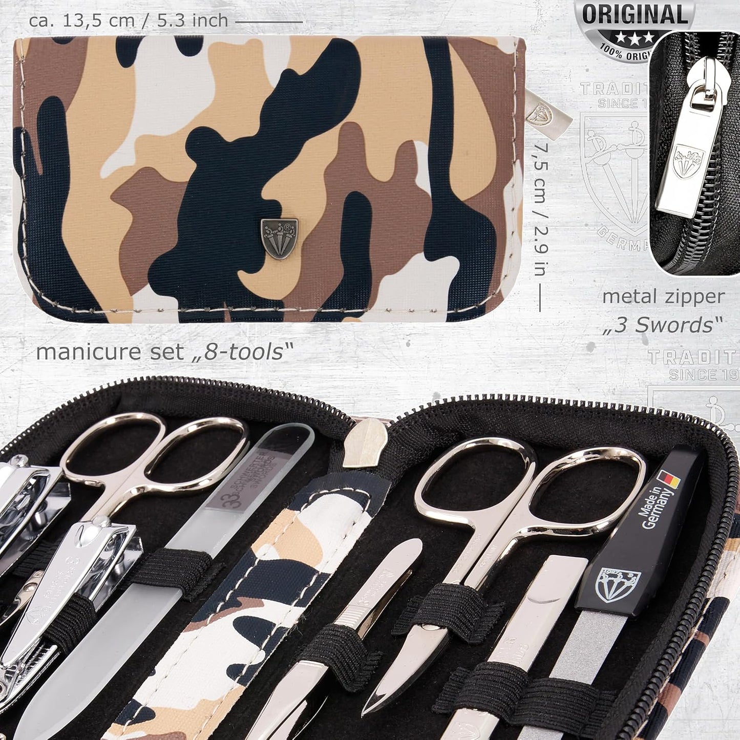 3 Swords Germany - brand quality 8 piece manicure pedicure grooming kit set for professional finger & toe nail care scissors clipper fashion leather case camou in gift box, Made in Germany
