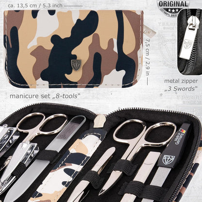 3 Swords Germany - brand quality 8 piece manicure pedicure grooming kit set for professional finger & toe nail care scissors clipper fashion leather case camou in gift box, Made in Germany