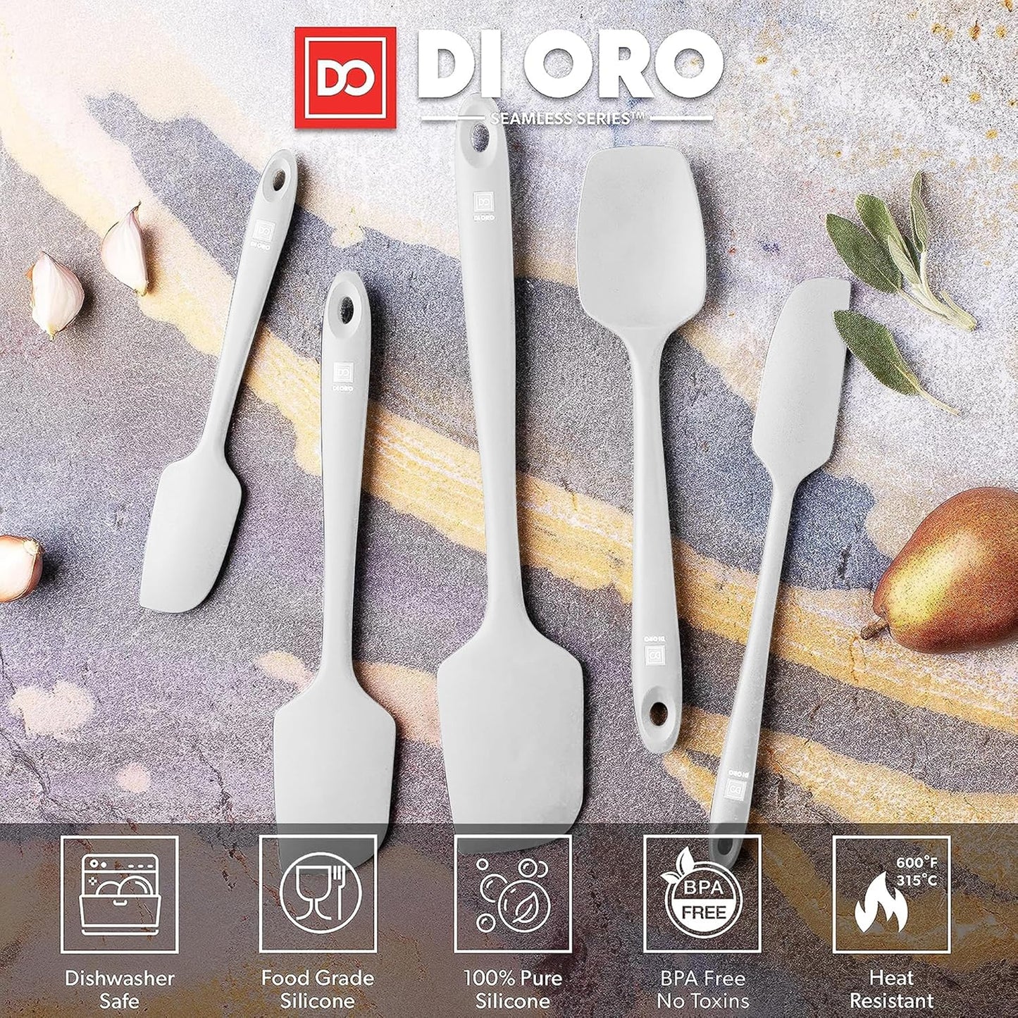 DI ORO Silicone Spatula Set - Rubber Kitchen Spatulas for Baking, Cooking, & Mixing - 600°F Heat-Resistant & BPA Free Silicone Scraper Spatulas for Nonstick Cookware - Dishwasher Safe (5pc, Black)