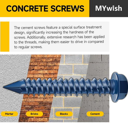 Mywish 30Pcs 1/4 x 1-3/4" Concrete Screws, Slotted Hex Washer Head Stucco Screws Anchor Kit with 3/16 Drill Bit, Masonry Screws Self Tapping for Anchoring to Masonry, Block or Brick Stucco