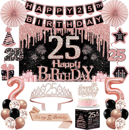 40th Birthday Decorations for Women,32pcs 40th Birthday Party Decorations,Including Backdrop, Crown,Sash,banner, Hanging Swirl,Cake Topper,balloons,Paper Fans,Anniversary Card and paper fans