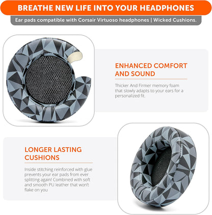WC Upgraded Replacement Earpads for Corsair Virtuoso RGB Wireless Gaming Headset Made by Wicked Cushions | Improved Durability, Thickness, Softer Leather, and Sound Isolation | (Geo Grey)