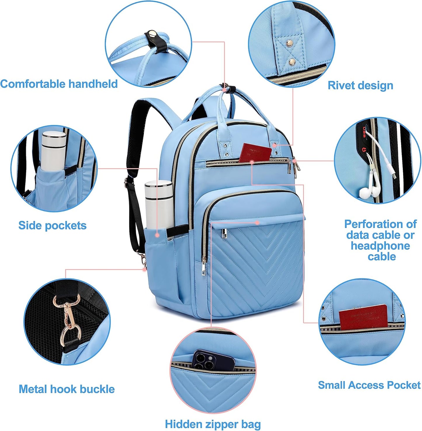 Laptop Backpack for Women Men, Water Resistant Travel Work Backpacks Purse Stylish College Business Teacher Nurse Computer Bag, Fits 17.3" Laptop Light Blue