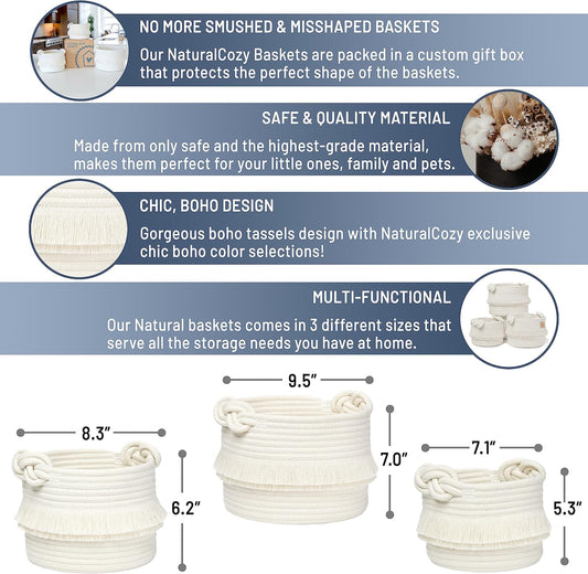 NaturalCozy 3-Piece Boho Cotton Rope Storage Basket Set – Woven Nursery Organizer, Baby Shower Gift, Decorative Planter & Toy Storage, Round Off-White Baskets for Home & Bathroom - PuriLite