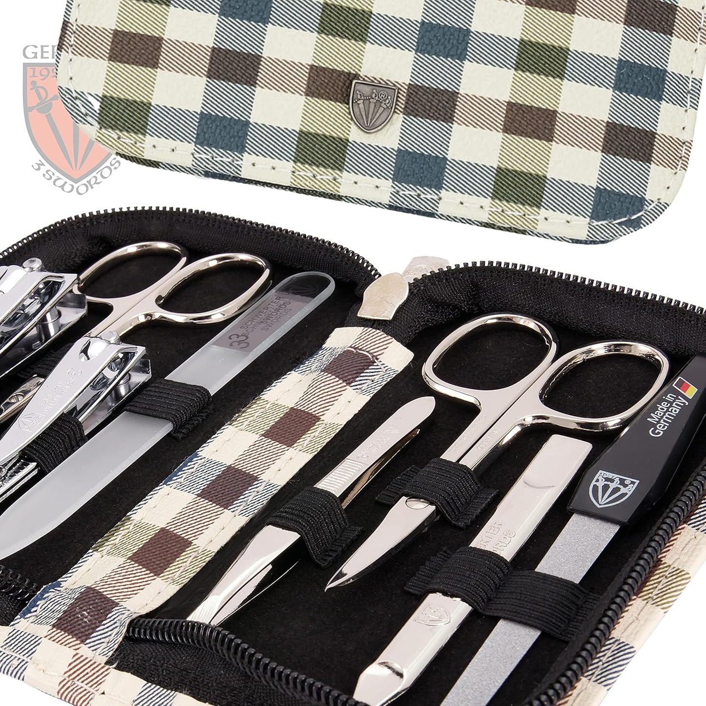 3 Swords Germany - brand quality 8 piece manicure pedicure grooming kit set for professional finger & toe nail care scissors clipper fashion leather case camou in gift box, Made in Germany