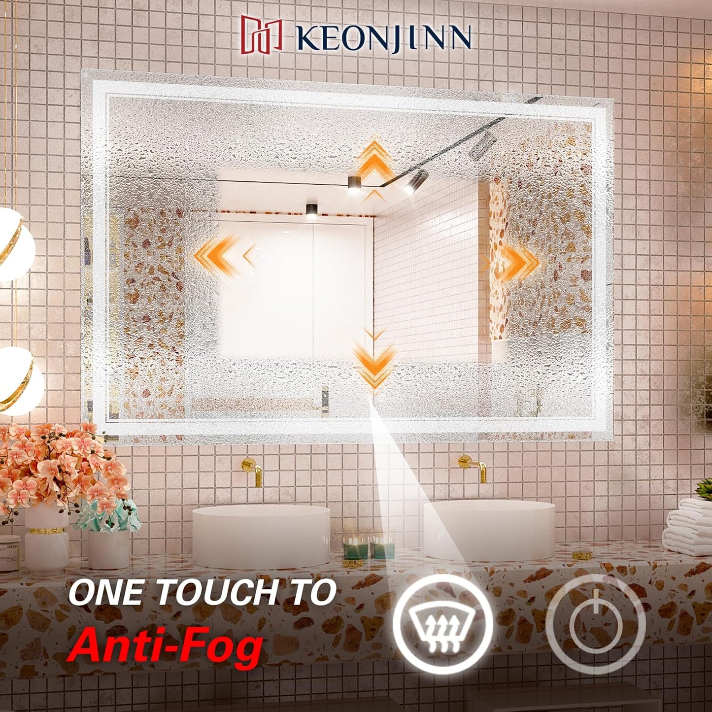 Keonjinn 40 x 24 Inch LED Mirror, Bathroom Mirror with Lights, LED Vanity Mirror, Wall Mounted Anti-Fog Dimmable Lighted Makeup Mirror for Bedroom, IP54 Waterproof (Horizontal/Vertical)
