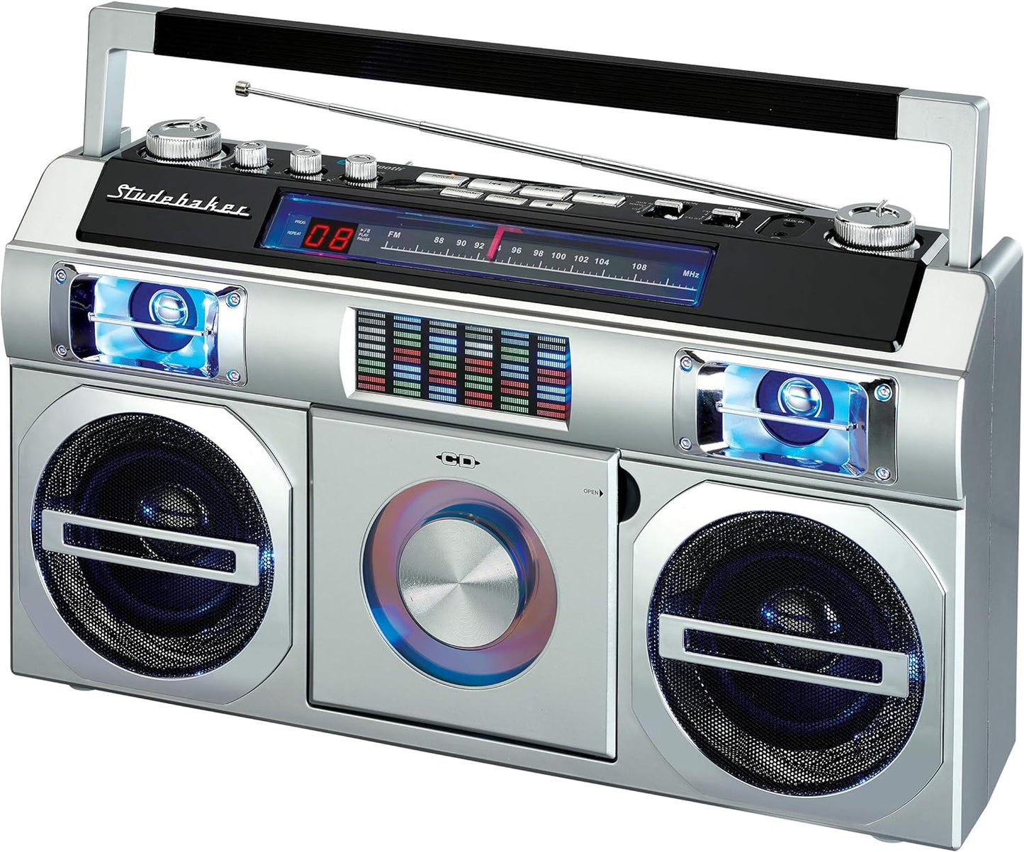 Studebaker SB2145S 80's Retro Street Bluetooth Boombox with FM Radio, CD Player, LED EQ, 10 Watts RMS and AC/DC in Silver