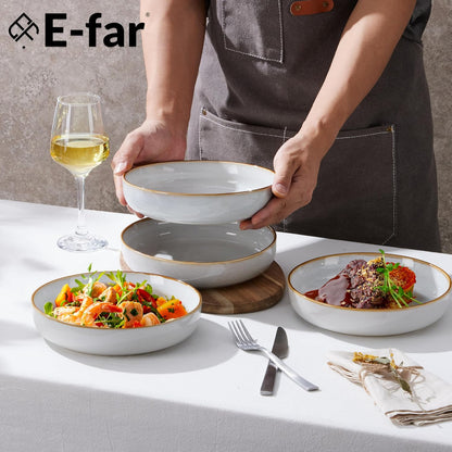 E-far Pasta Bowls Set of 4, 35oz Large Salad Bowls for Serving, Wide and Shallow Ceramic Bowls Plates for Pasta, Double Reactive Glaze, Microwave and Dishwasher Safe, Seashell White
