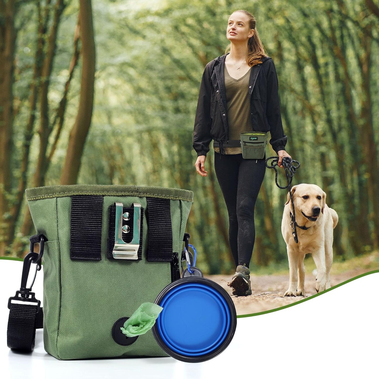 Dog Treat Pouch with Collapsible Dog Bowl, Training Clicker and Poop Bags, Treat Pouches for Pet Training, Built-in Poop Bag Dispenser, Waist Belt Clip, Puppy Treat Pouch Magnetic Closure - Black