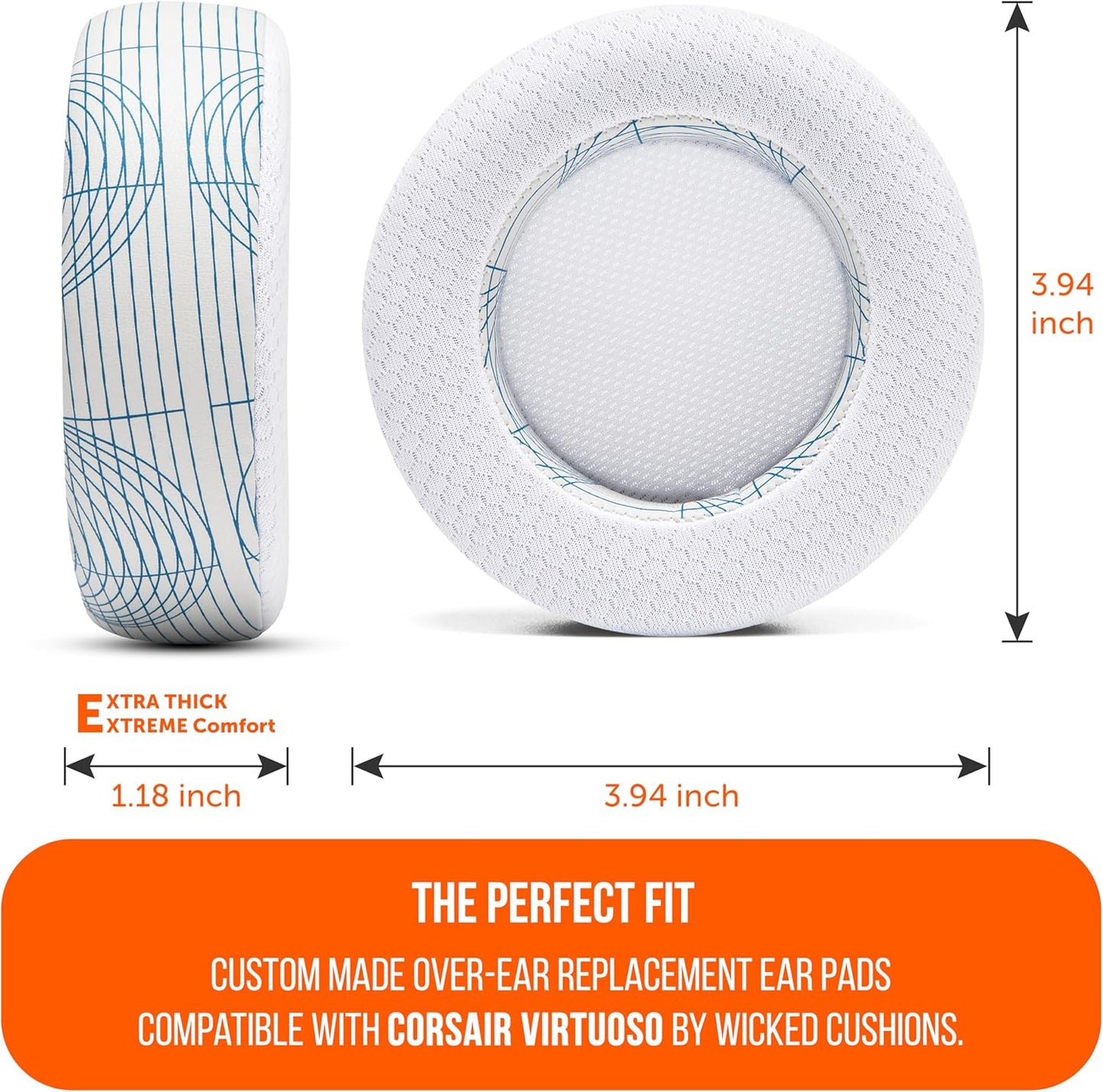 WC Freeze Virtuoso - Hybrid Fabric Cooling Gel Replacement Earpads for Corsair Virtuoso Gaming Headset, Made by Wicked Cushions, Improved Durability, Thickness and Sound Isolation | 90s White