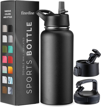 FineDine Water Bottle - Stainless Steel Insulated Water Bottle with Straw Lid, Flip Lid & Wide-Mouth Cap - Keeps Hot and Cold - 25 Oz / 739ml - Pure Pearly White