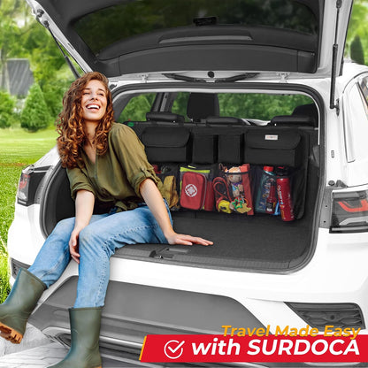 SURDOCA Car Trunk Organizer, 3rd Gen [7 Times Upgrade] Super Capacity Car Organizer, Equipped with [Robust Elastic Net & 3 Magic Stick] Car Trunk Tidy Storage Bag with Lids, Space Saving Expert-Black