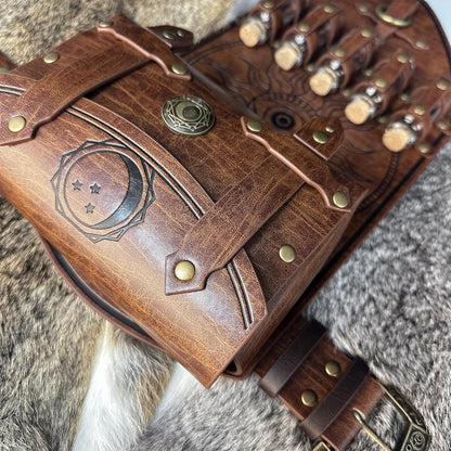 HiiFeuer 3PCs Medieval Alchemy Faux Leather Belt Bag Set with 5 Cork Potion Vials, Fantasy Embossed Wizard Halloween Belt(Brown A)