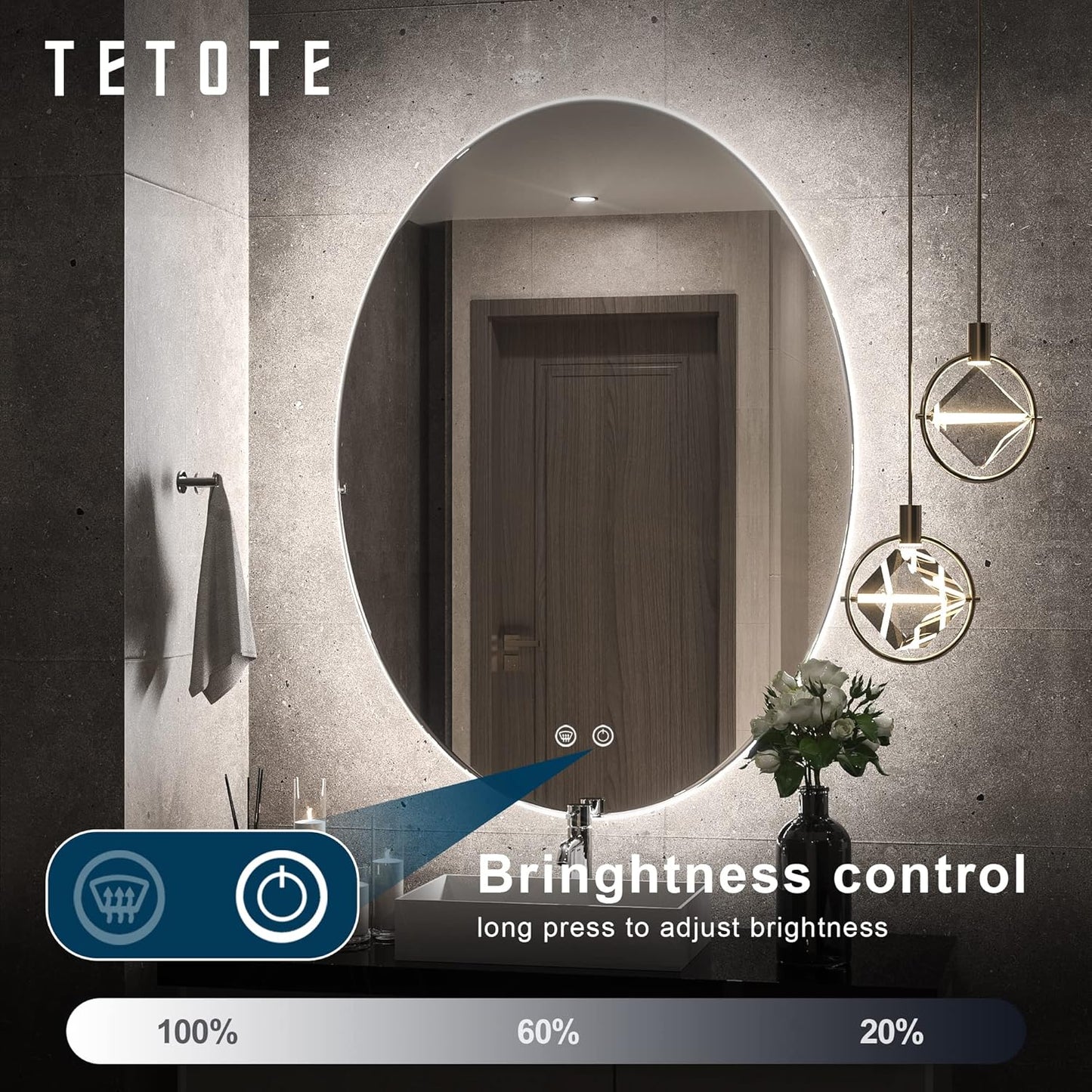 TETOTE 28 Inch Round LED Bathroom Vanity Mirror, Anti-Fog Dimmable Lights IP54 Waterproof Circle Makeup Wall Mounted Mirror