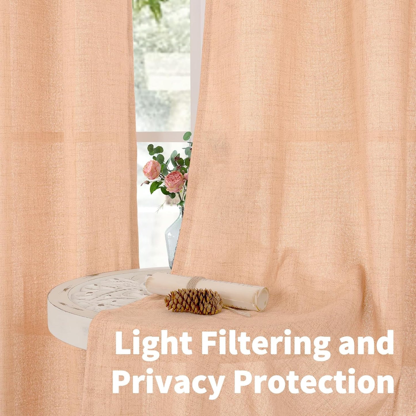 YoungsTex Natural Linen Curtains 84 Inch Long for Living Room Bedroom Grommet Top Light Filtering Privacy Linen Textured Window Semi Sheer Drapes, 2 Panels, 52x84 Inch, Natural