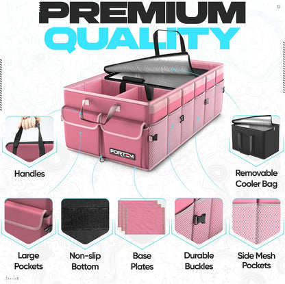 FORTEM Car Trunk Organizer, Collapsible Multi Compartment Car Organizer, Foldable SUV Storage for Car Accessories for Women Men, Non Slip Bottom, Securing Straps, Soft Cover 50L (Black, Standard)