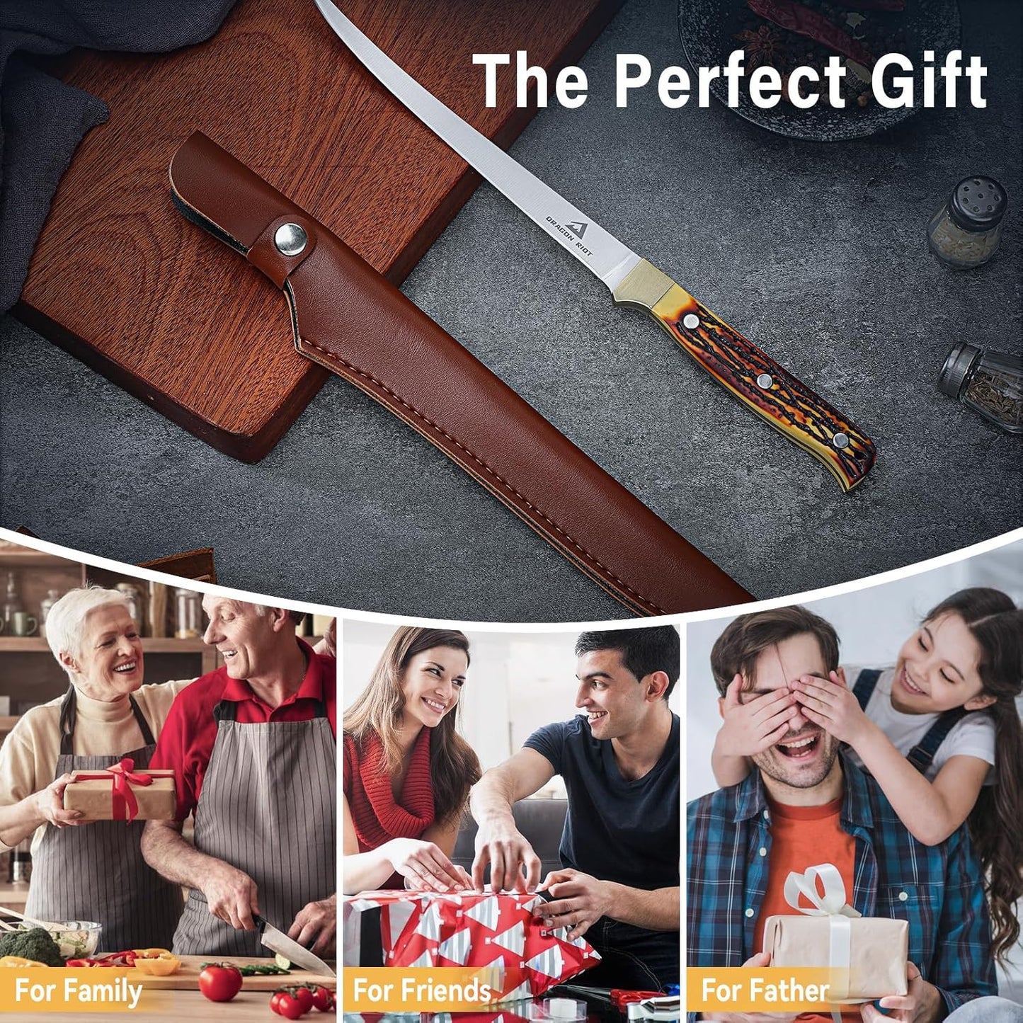 DRAGON RIOT Fillet Knife 7.5 inch Professional Boning Knife for Filleting Japanese Stainless Steel Fish Knife with Ergonomic Handle Super Sharp Fish Filleting Knife for Meat Poultry Cutting