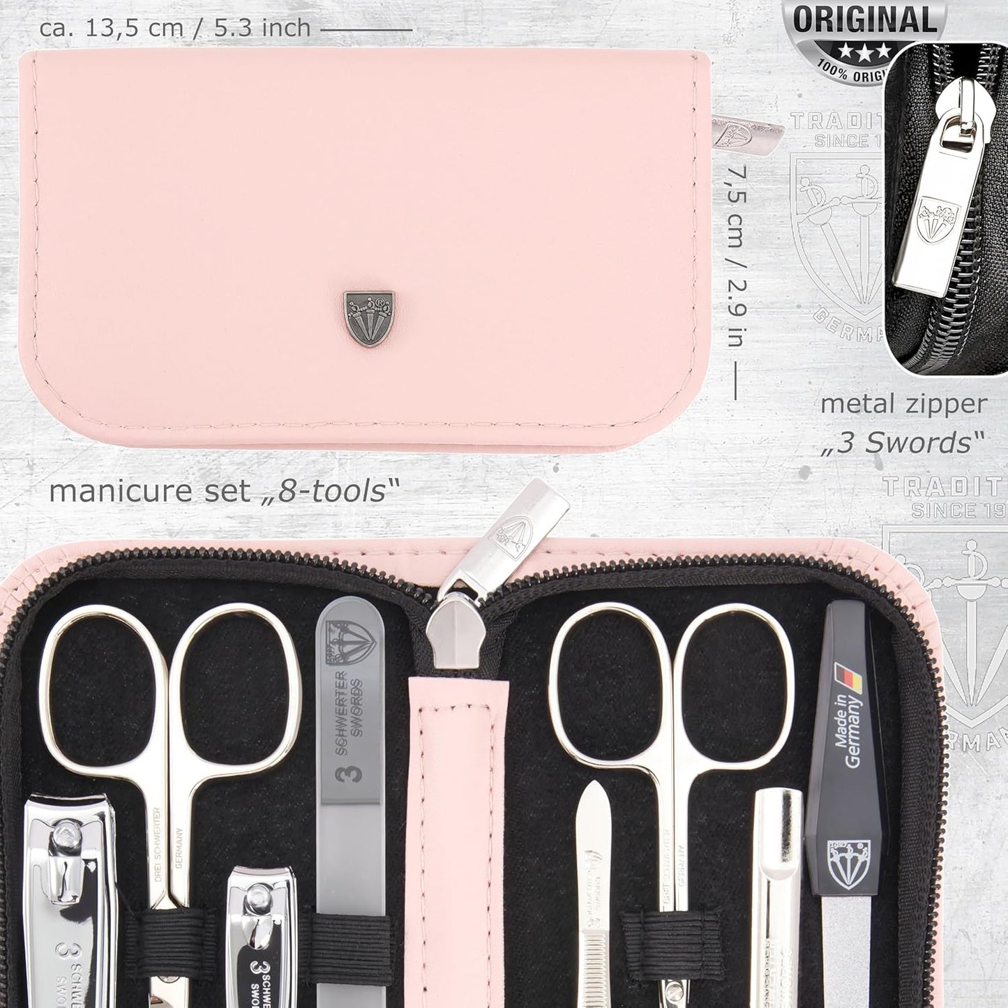 3 Swords Germany - brand quality 8 piece manicure pedicure grooming kit set for professional finger & toe nail care scissors clipper fashion leather case camou in gift box, Made in Germany