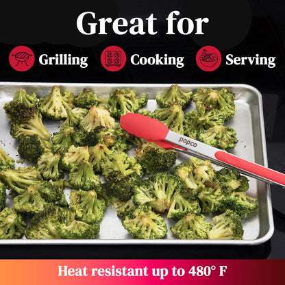The Original Popco Tongs for Cooking - Set of 3 (7, 9, 12 inches) - Heavy Duty, 304 Stainless Steel BBQ and Kitchen Tongs with Silicone Tips (3 Colors Available)