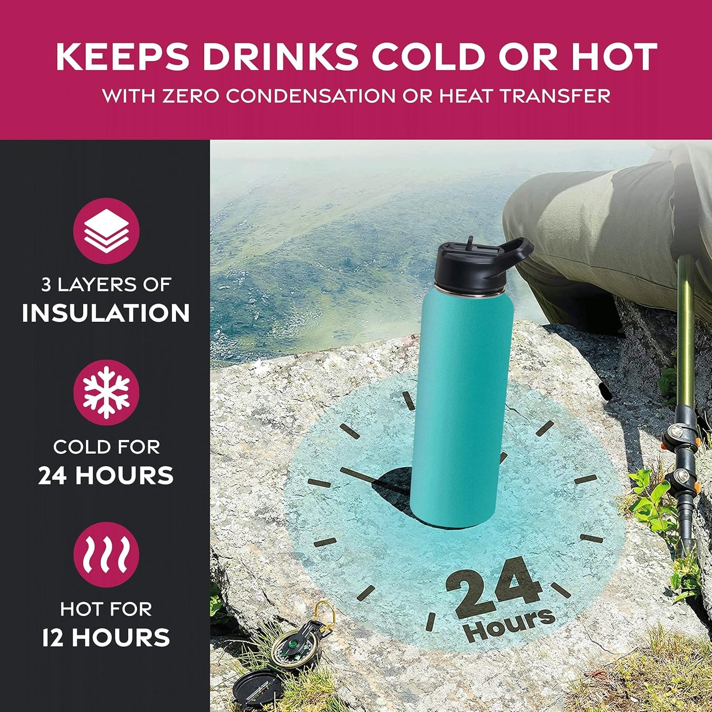 FineDine Water Bottle - Stainless Steel Insulated Water Bottle with Straw Lid, Flip Lid & Wide-Mouth Cap - Keeps Hot and Cold - 25 Oz / 739ml - Pure Pearly White