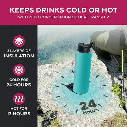 FineDine Water Bottle - Stainless Steel Insulated Water Bottle with Straw Lid, Flip Lid & Wide-Mouth Cap - Keeps Hot and Cold - 25 Oz / 739ml - Pure Pearly White