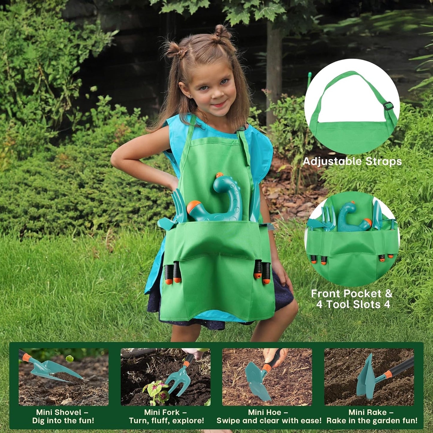 TINYLENS Kids Wheelbarrow with Garden Tool Set, Outdoor Toys Gardening Set for Toddlers 3+, Watering Can, Gloves, Hand Hoe, Washable Apron, Shovel and Fork, Gift for Boys Girls (Green)