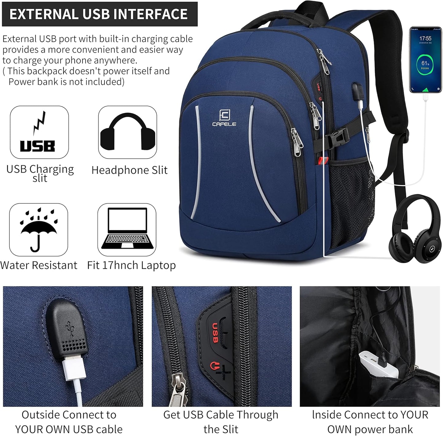 RFID Cafele Laptop Backpack Travel Computer Backpack College Bookbag School Backpack with USB Charging Port