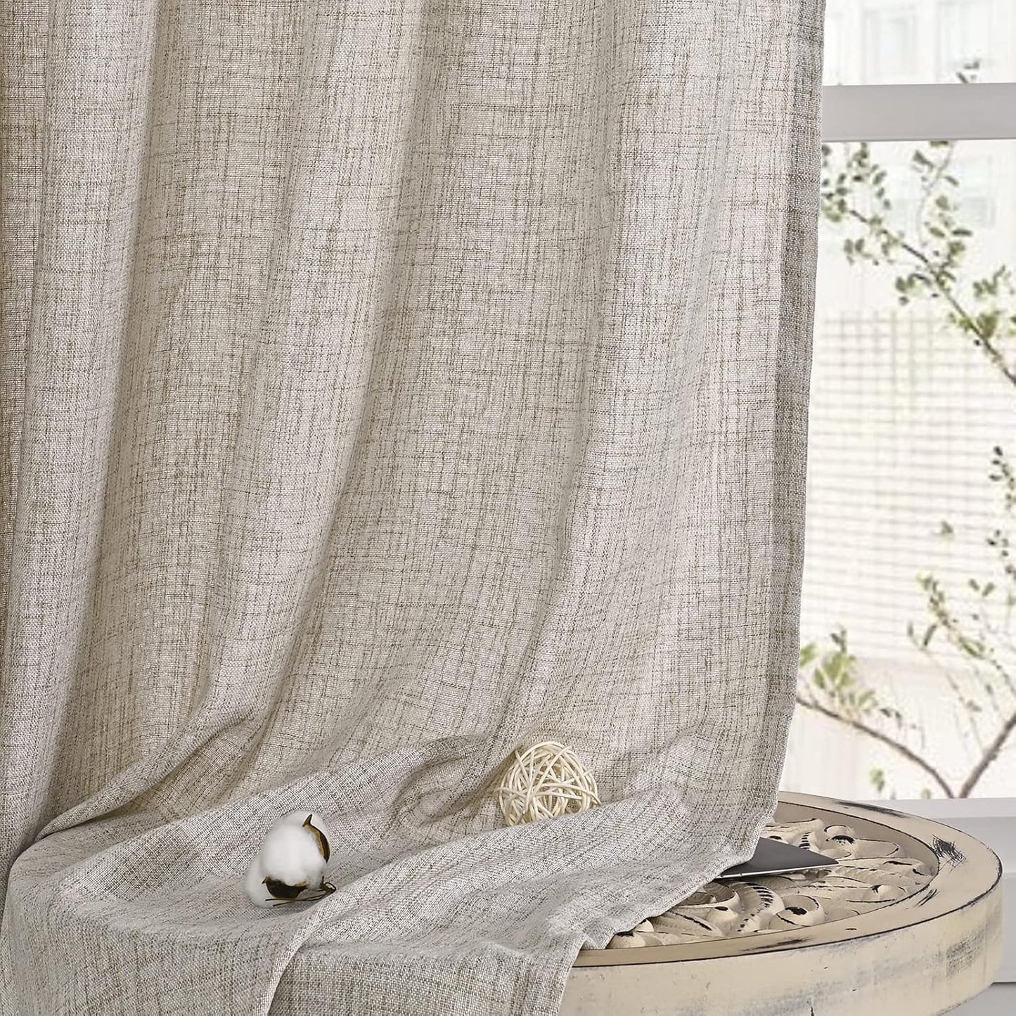 YoungsTex Natural Linen Curtains 84 Inch Long for Living Room Bedroom Grommet Top Light Filtering Privacy Linen Textured Window Semi Sheer Drapes, 2 Panels, 52x84 Inch, Natural