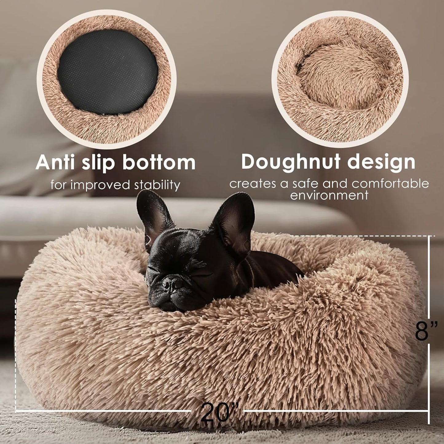 Dog & Cat Bed, 20in Cat Beds for Indoor Cats, Calming Donut Bed for Puppy and Kitten, Washable Round Fluffy Pet Bed for Small Medium Dogs and Cats (Camel)