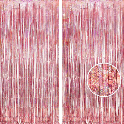 BRAVESHINE Pink Glitter Tinsel Foil Fringe Curtain - 2 Pcs 3.2x8.2 ft Metallic Party Supplies Photo Backdrop for Girl Princess Birthday Unicorn Bachelorette Butterfly Bridal Shower Party Decorations