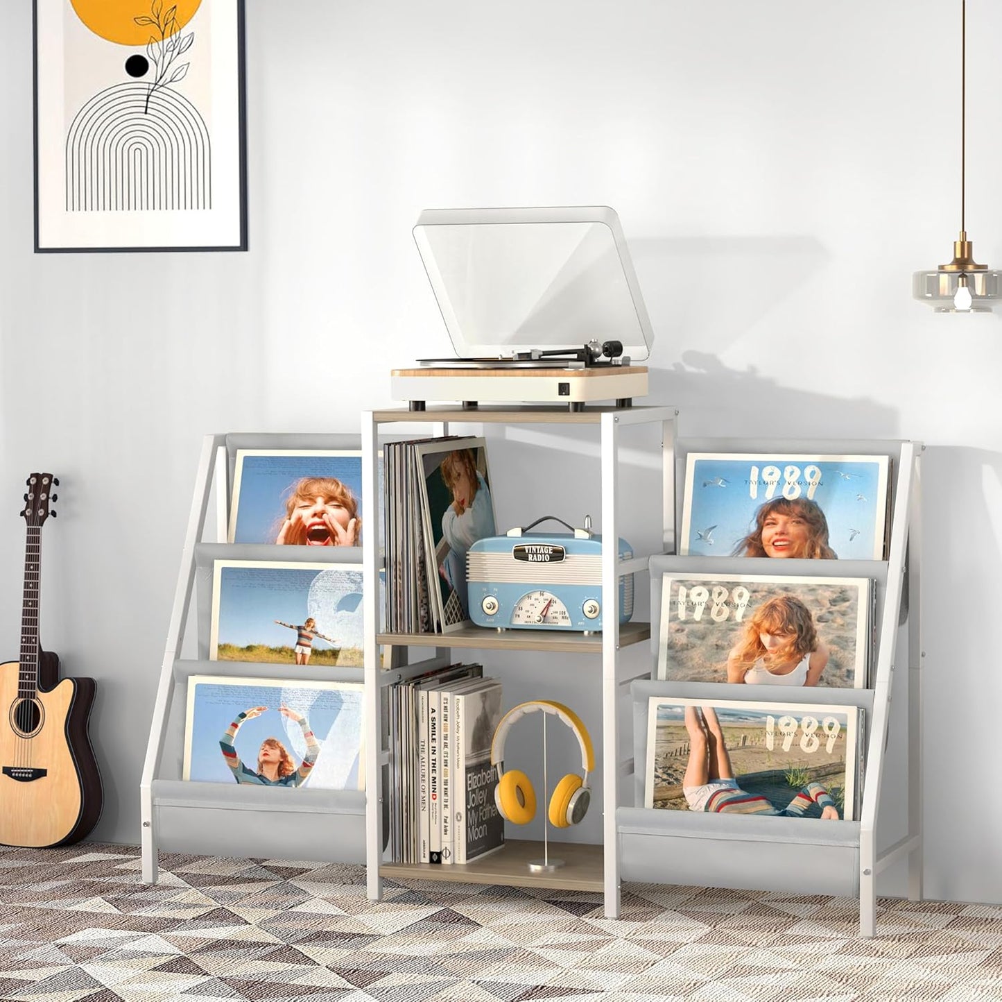 Record Player Stand with Vinyl Storage, Record Player Table with Record Storage 200 Albums, Turntable Stand with Record Holder Vinyl Display Shelf, Record Cabinet Media Stereo (White) - PuriLite