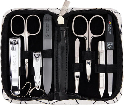 3 Swords Germany - brand quality 8 piece manicure pedicure grooming kit set for professional finger & toe nail care scissors clipper fashion leather case camou in gift box, Made in Germany