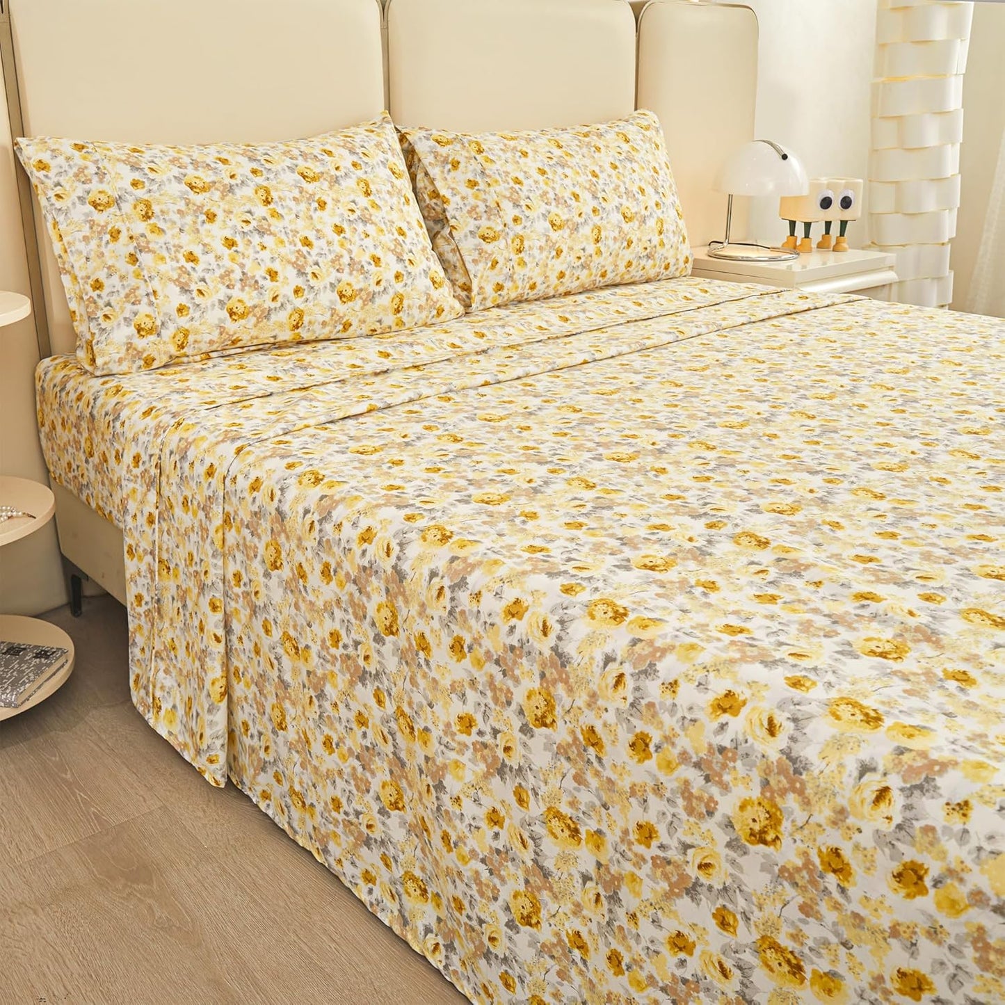 Viviland Floral Queen Sheet Set - 4 Piece Vintage Pink & Yellow Flower Patterned Bed Sheets - Soft, Breathable Microfiber Sheets with Deep Pocket, Non-Slip Fitted Sheets & Pillowcases