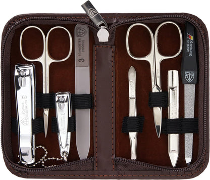 3 Swords Germany - brand quality 8 piece manicure pedicure grooming kit set for professional finger & toe nail care scissors clipper fashion leather case camou in gift box, Made in Germany