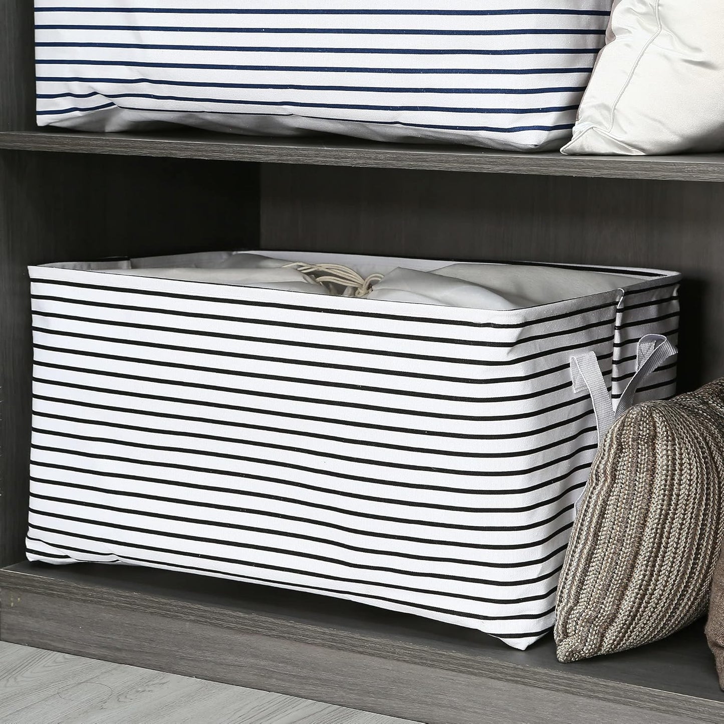 Hinwo 6-Pack Small Canvas Fabric Storage Baskets Set with Handles, Open Storage Bins, Cube Storage Organizer, Shelf Organizer Bins for Closet, 7.9L, 12 x 8 x 5 Inches, Grey Stripe