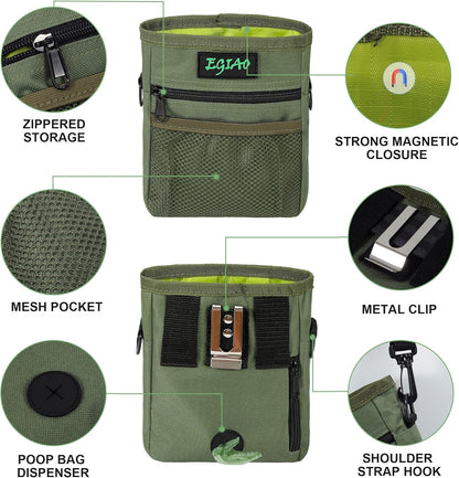 Dog Treat Pouch with Collapsible Dog Bowl, Training Clicker and Poop Bags, Treat Pouches for Pet Training, Built-in Poop Bag Dispenser, Waist Belt Clip, Puppy Treat Pouch Magnetic Closure - Black