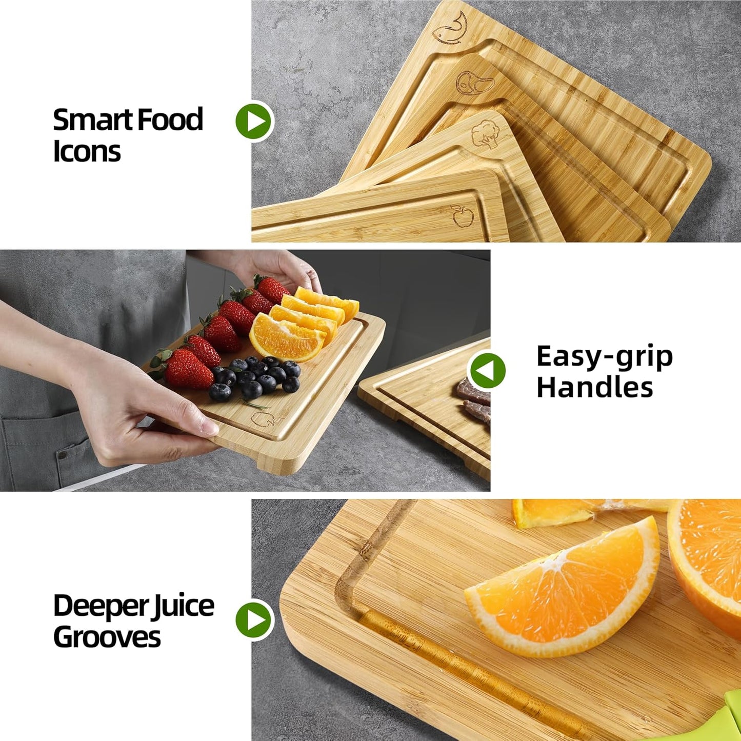 Bamboo Cutting Board Set of 3, Cutting Boards for Kitchen with Juice Groove, Bamboo Chopping Board Set, Serving Board Set for Meat, Fruit Vegetable and Cheese