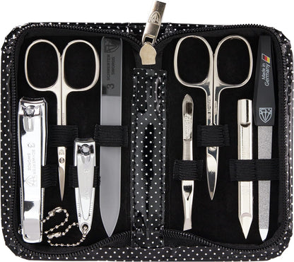 3 Swords Germany - brand quality 8 piece manicure pedicure grooming kit set for professional finger & toe nail care scissors clipper fashion leather case camou in gift box, Made in Germany
