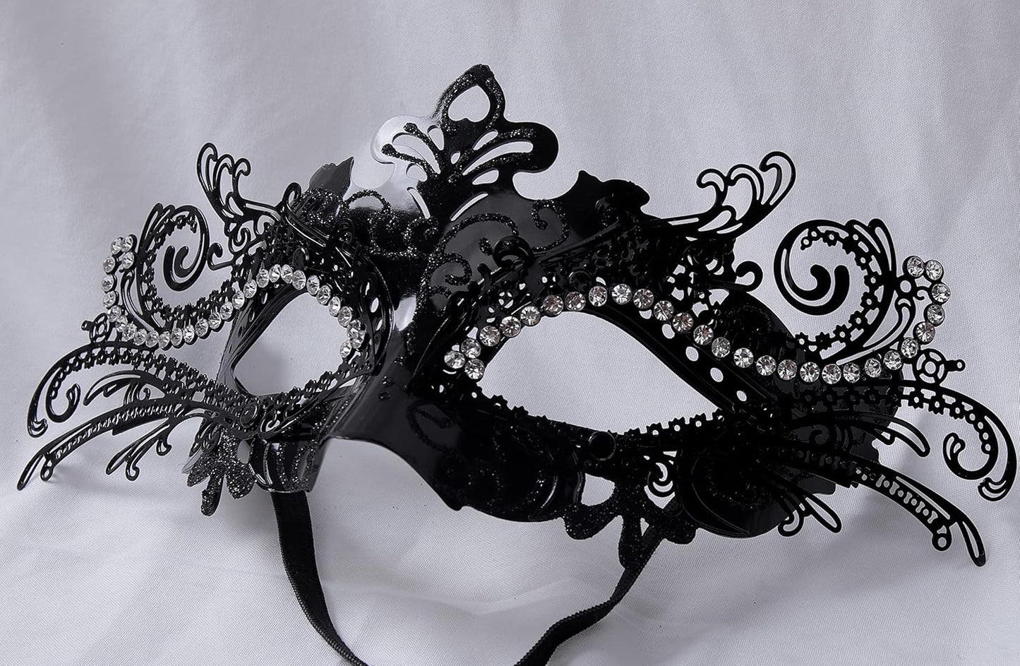 DIOLUF Masquerade Mask for Women Metal Mask Shiny Rhinestone Venetian Party Evening Prom Ball Mask Bar Costumes Accessory, Black and White, 9.05in**3.54in*3.14in