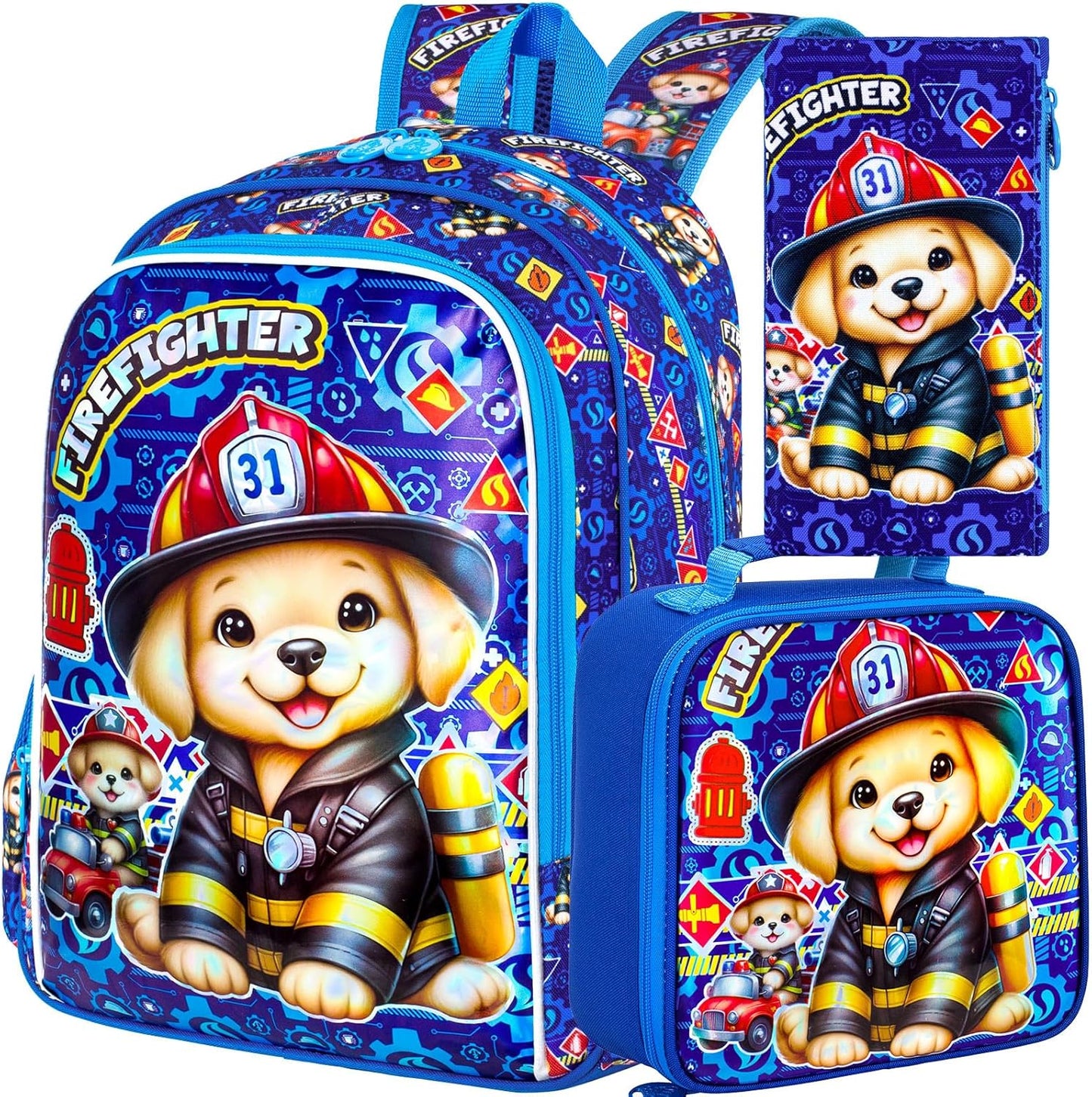 3pcs Backpack for Boys and Girls, 16” Kids Kindergarten Bookbag with Lunch Box, Cute Elementary Backpacks for Boy Girl