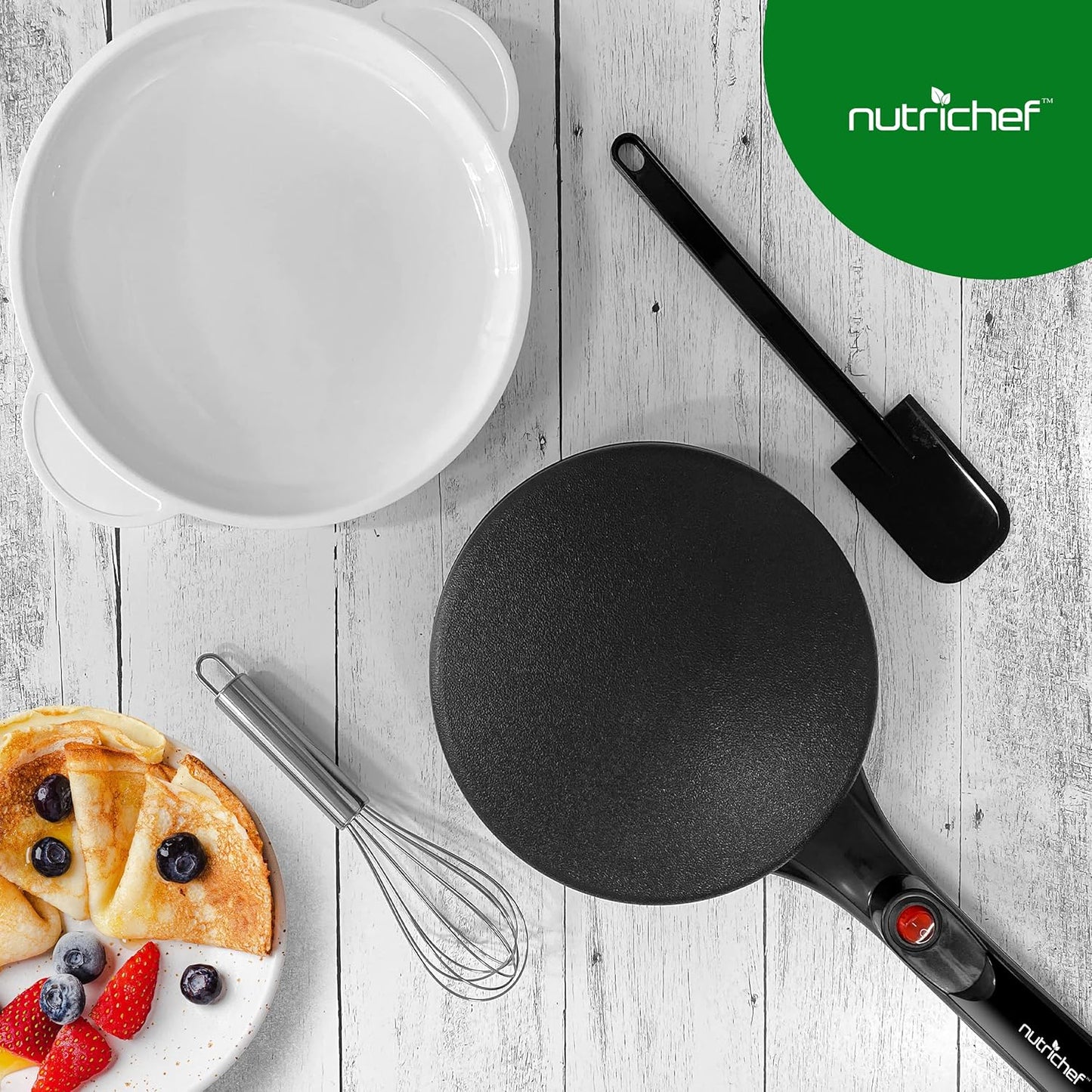 NutriChef Electric Crepe Maker, Cooks Roti, Tortillas, Pancakes, Nonstick Cooktop, 8-inch Cook Area On/Off Switch, Automatic Temperature Control & Cool Touch Handle, Includes Food Bowl, Whisk, Spatula