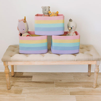 OrganiHaus Soft Woven Baskets for Storage Organization Set of 3, Cotton Rope Nursery Storage Baskets for Shelves, Square Book Bins, Bathroom Towel Hamper, Dog Toy Bins, Panier Rangement - Light Honey