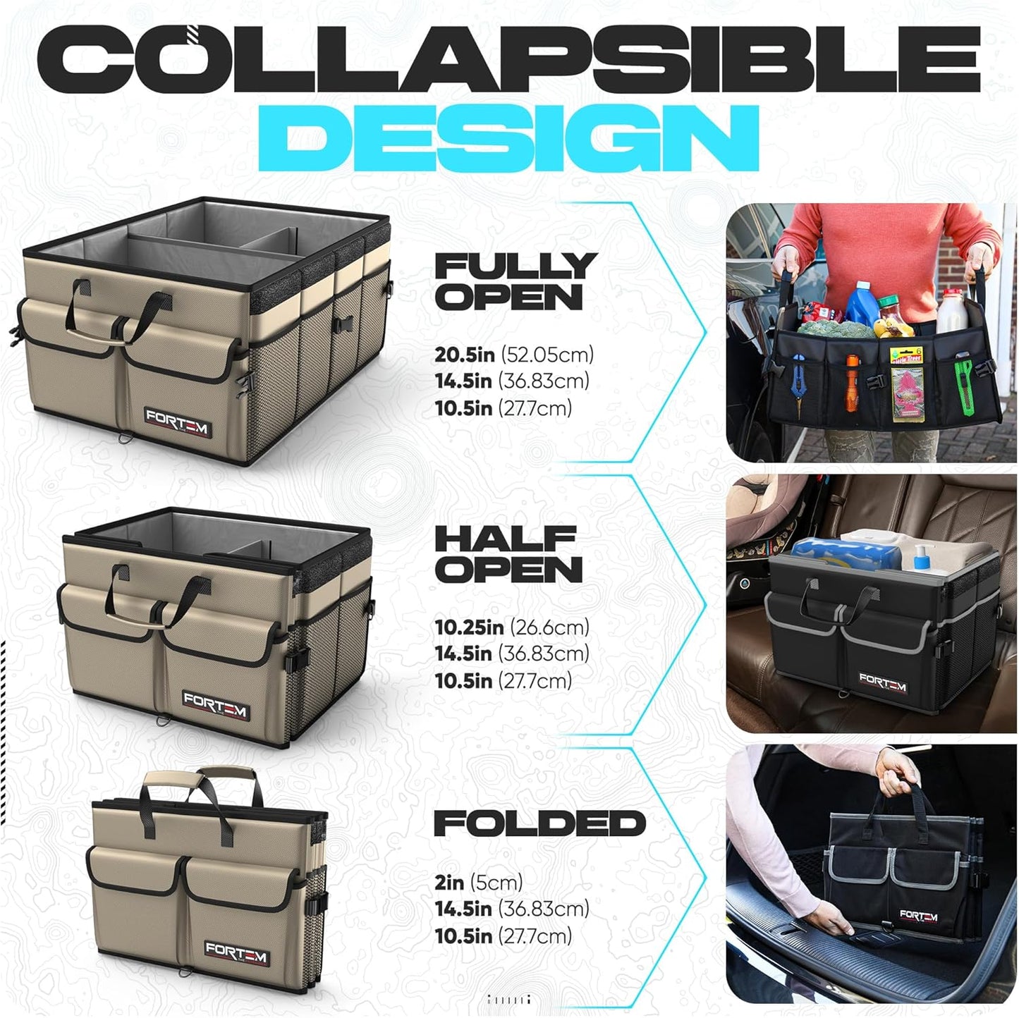 FORTEM Car Trunk Organizer, Collapsible Multi Compartment Car Organizer, Foldable SUV Storage for Car Accessories for Women Men, Non Slip Bottom, Securing Straps, Soft Cover 50L (Black, Standard)